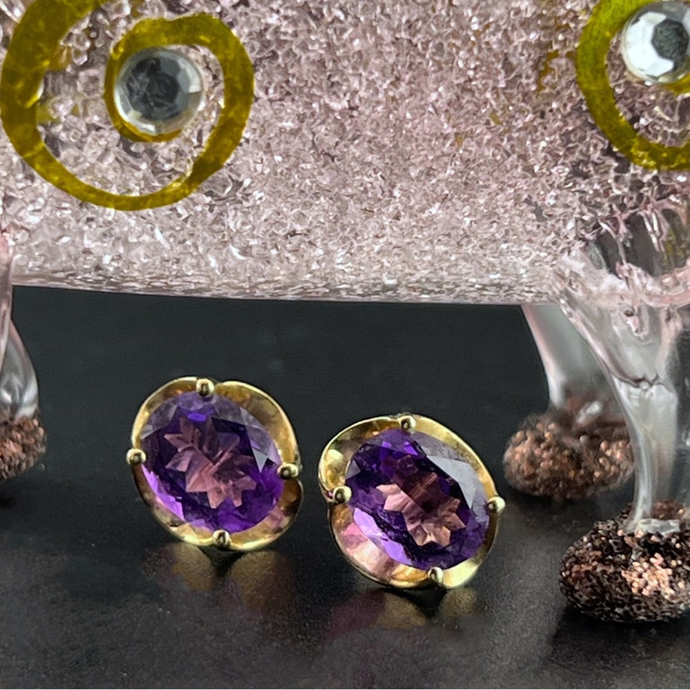 14K Gold Two Carat Oval Cut Amethyst Stud Earrings - Picture 2 of 7